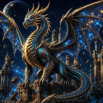 Aperçu de l'œuvre Dragon Cosmique – Dragon Spatial Épique Doré et Bleu de ZYVARENNE