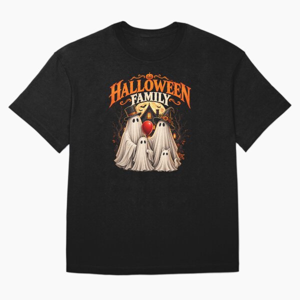 Aperçu de l'œuvre Déguisements de fantômes effrayants pour toute la famille à l'occasion d'Halloween - Maison hantée mignonne et ballons créée et vendue par thirtyonestars.
