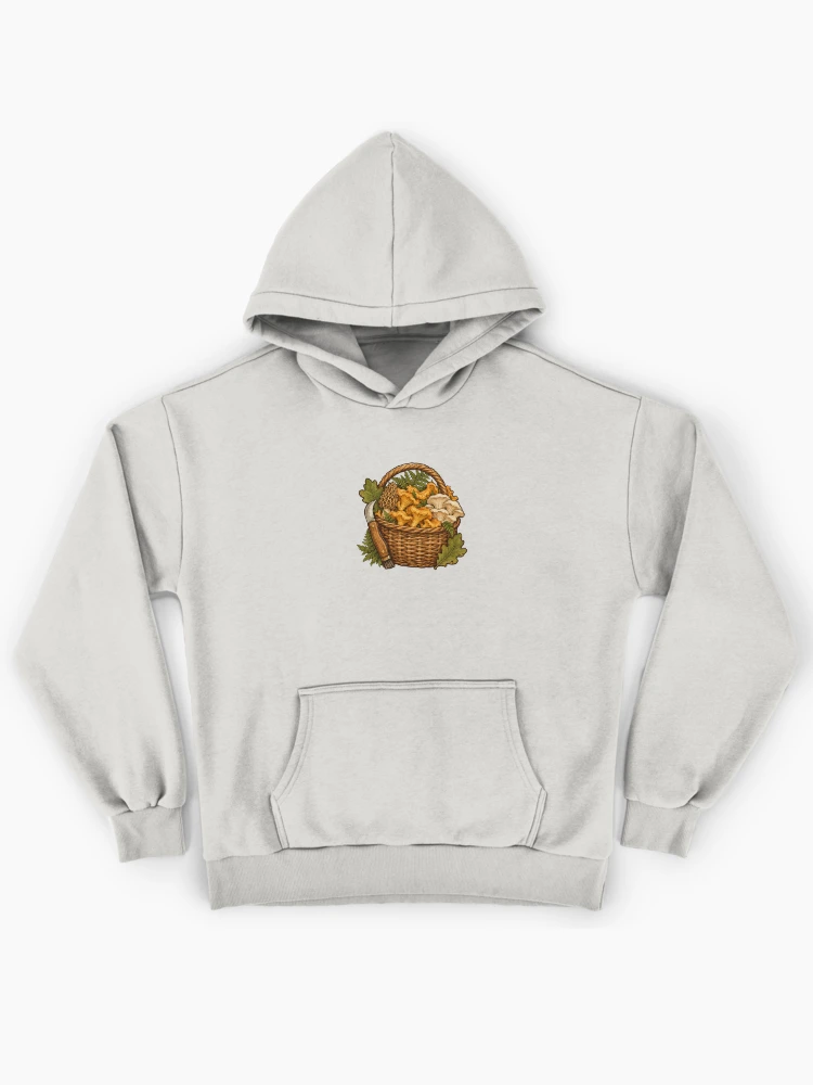 Aperçu 1 sur 6. Sweat à capuche oversize premium avec l'œuvre Panier de girolles et de morilles du cueilleur de champignons créée et vendue par eignvalue.