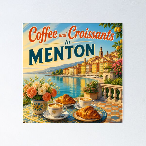 Aperçu de l'œuvre Menton, France – Affiche de voyage vintage pour petit-déjeuner en bord de mer créée et vendue par LSVart.
