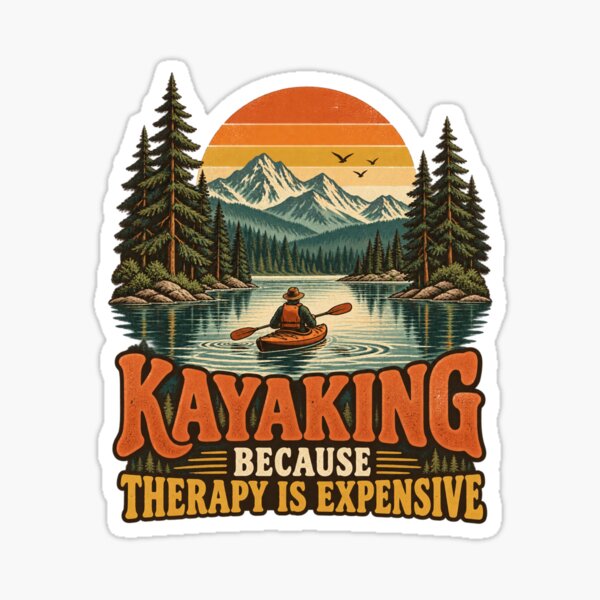 Aperçu de l'œuvre Faire du kayak parce que la thérapie coûte cher – Kayakiste de lac de montagne vintage des années 70 créée et vendue par urbinet.