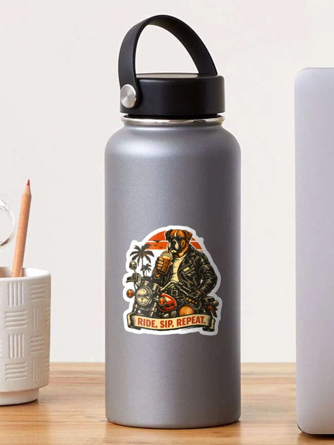 Thumbnail 1 of 3, Sticker, Boxer Dog Ride Sip Repeat designed and sold by DIGOR shop.
