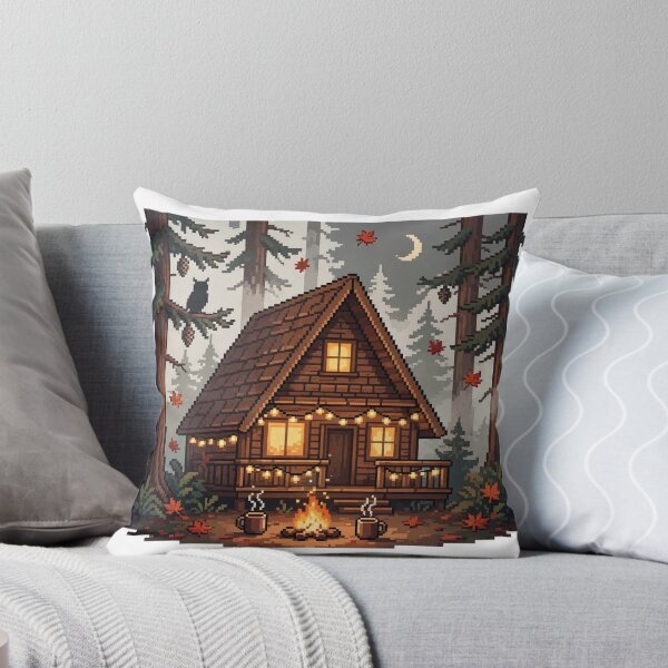 Artikelvorschau, A-Frame-Hütte, Pixelkunst, Herbstwald, Lagerfeuer entworfen und verkauft von Ebodega.