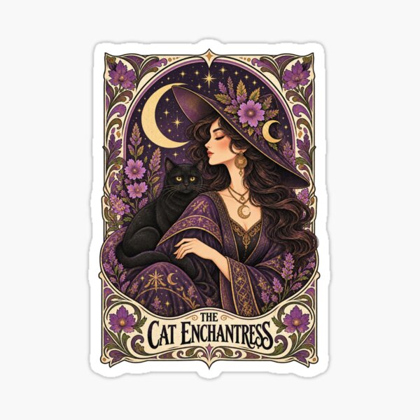 Aperçu de l'œuvre Enchanteresse Chat – Chat Noir Familier Sorcière Art Nouveau créée et vendue par Blanczet.