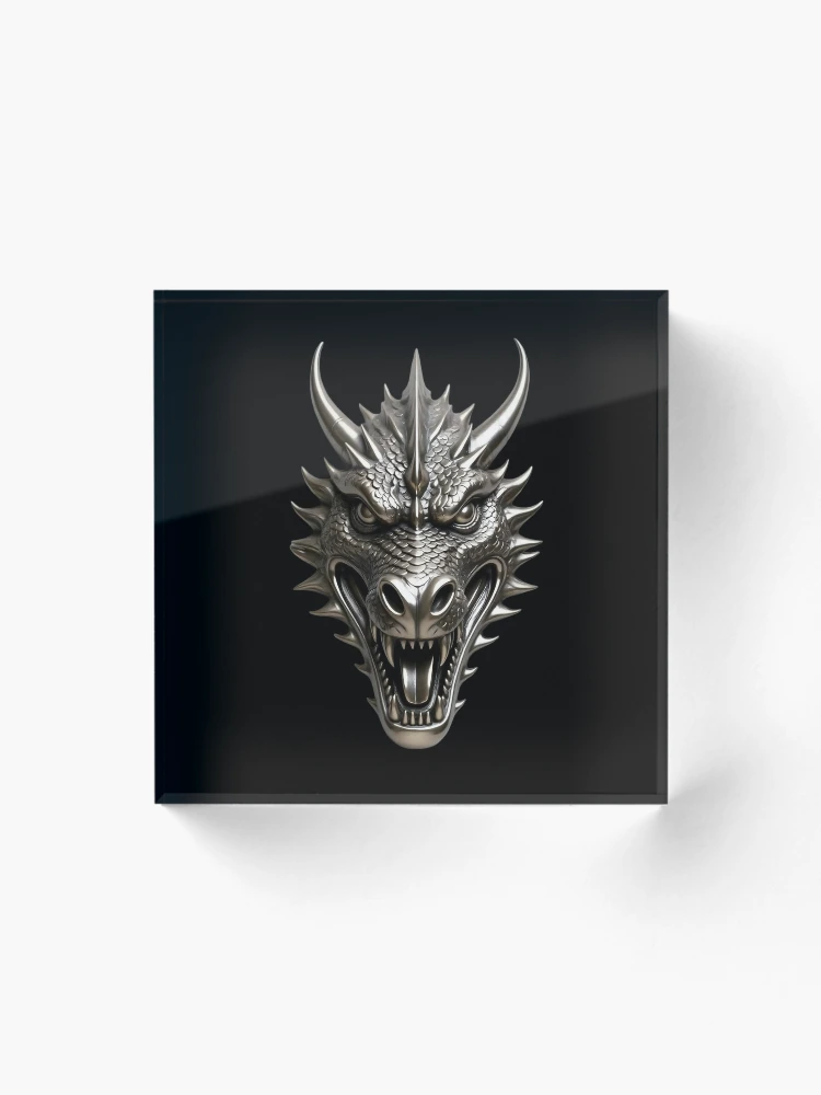 Aperçu 1 sur 5. Bloc acrylique avec l'œuvre Tête de dragon argentée métallisée – Illustration d'une créature fantastique féroce créée et vendue par Kruti Collection.