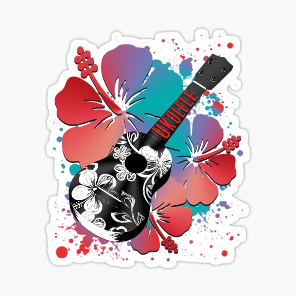 Aperçu de l'œuvre UKULELE NOIR HIBISCUS ROUGE ET BLEU créée et vendue par matai-anuanua.