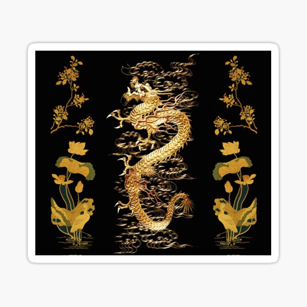 Aperçu de l'œuvre Dragon d'or sur fond noir, Aigrette, Lotus, Fleurs vertes et dorées créée et vendue par BulganLumini.