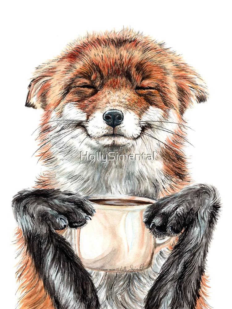 Aperçu 2 sur 2. T-shirt enfant avec l'œuvre Morning Fox – un adorable animal de café créée et vendue par HollySimental.