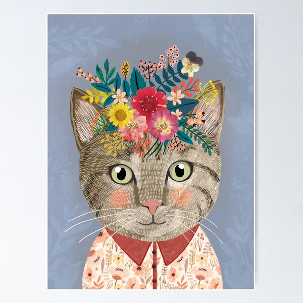 Artikelvorschau, Graue Katze mit Blumenkrone. Kunst für Tierliebhaber entworfen und verkauft von MiaCharro.
