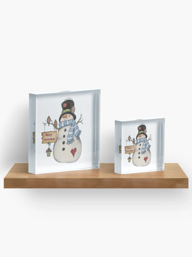 Aperçu 3 sur 5. Bloc acrylique avec l'œuvre Joyeux Noël bonhomme de neige créée et vendue par Jenn Graham.