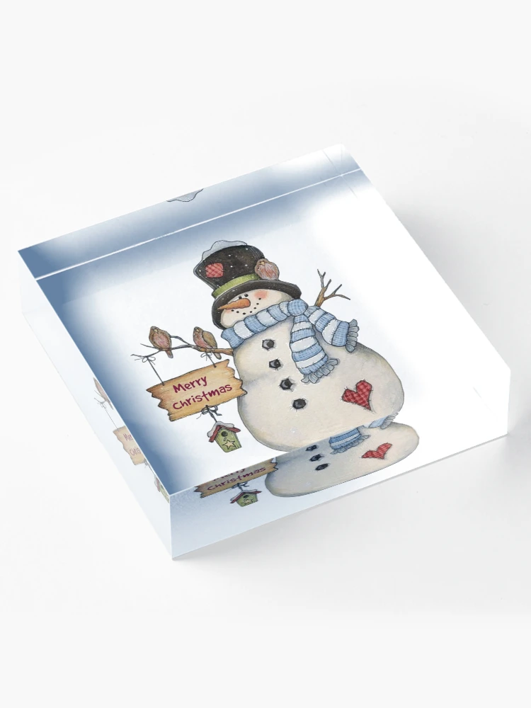 Aperçu 4 sur 5. Bloc acrylique avec l'œuvre Joyeux Noël bonhomme de neige créée et vendue par Jenn Graham.