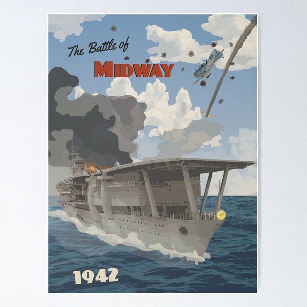 Aperçu de l'œuvre Affiche de voyage sur la grève des porte-avions Midway 1942 créée et vendue par The War Effort.