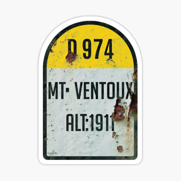 Aperçu de l'œuvre Autocollant rétro en métal et autocollant pour t-shirt avec marqueur kilométrique du Mont Ventoux en France créée et vendue par OuterShellUK.