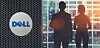 Combination illustration of 2 workers looking out of a window next to a Dell logo