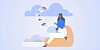 Illustration of files moving from someone's laptop to the cloud