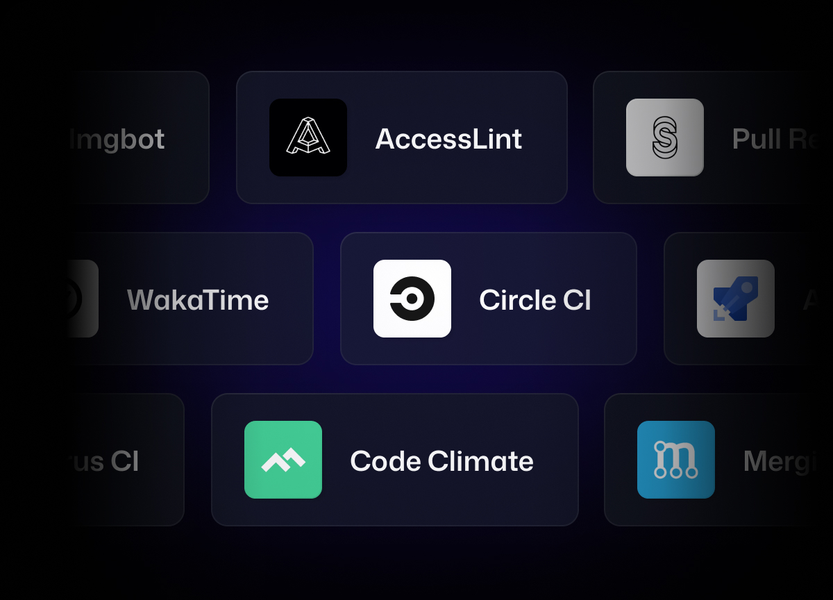 A collection of application icons for various development tools like Imgbot, AccessLint, WakaTime, Circle CI, Cirrus CI and Code Climate.