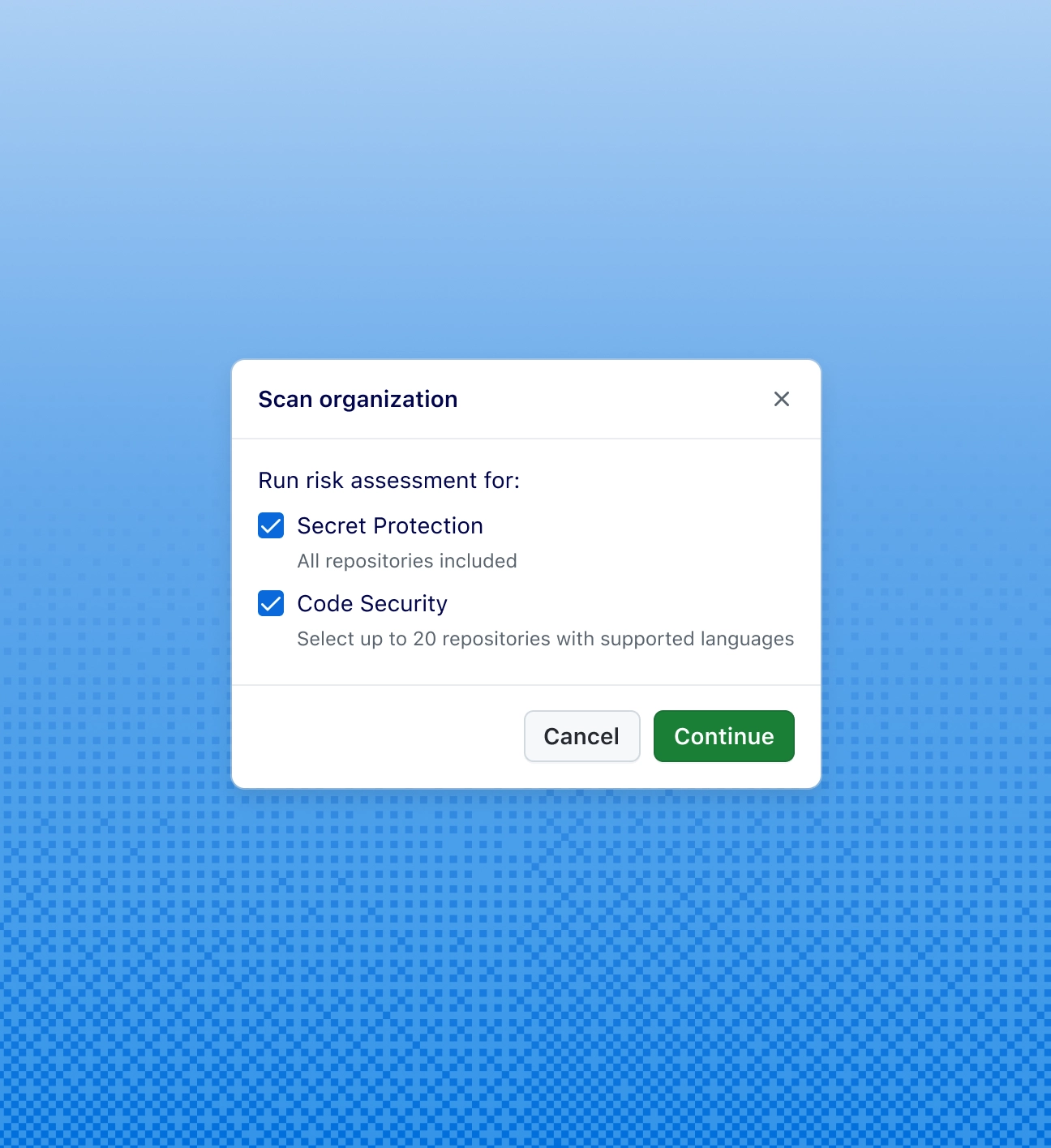 Modal with 2 checkboxes for secret protection and code security with cancel and continue buttons