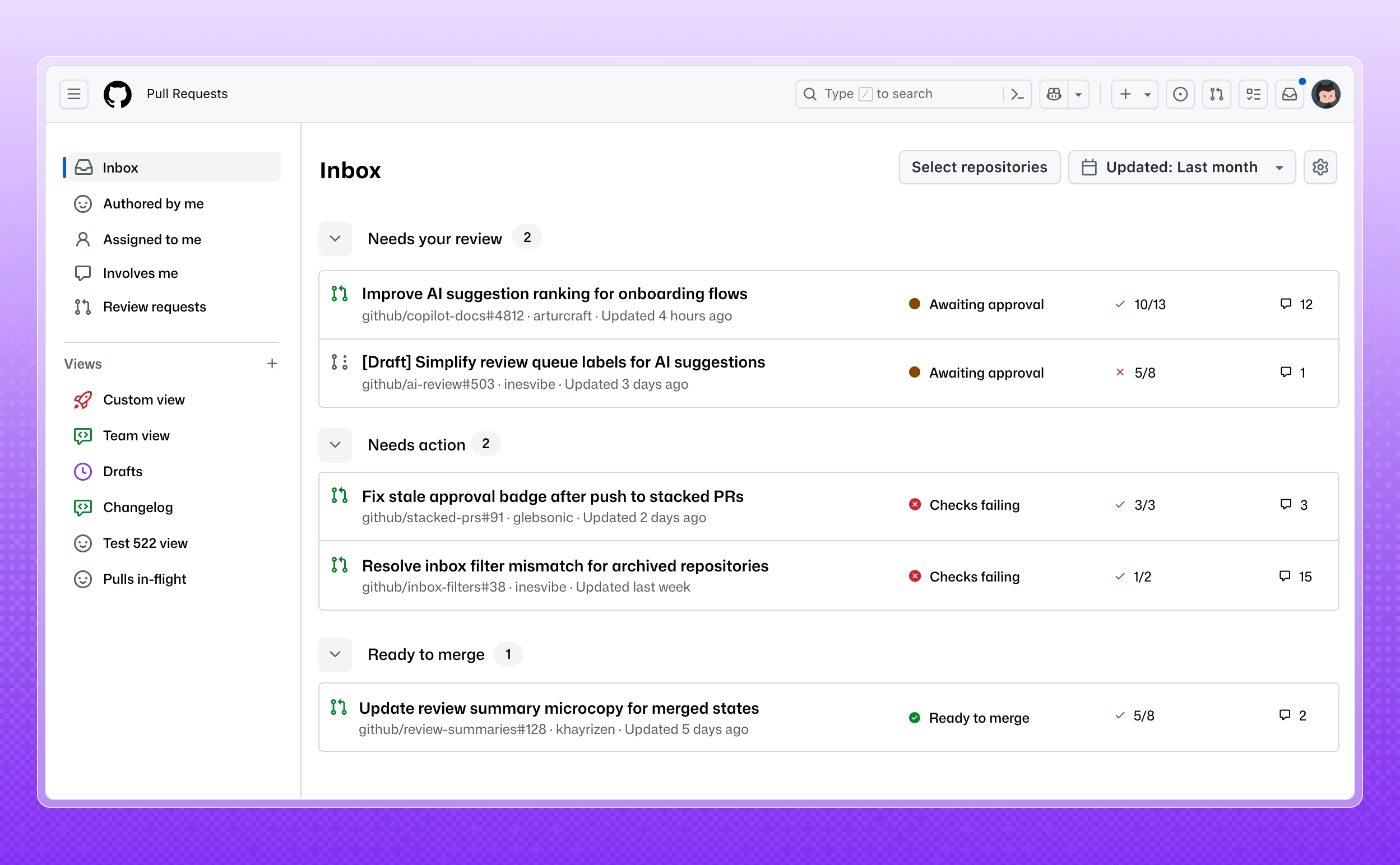 GitHub Pull Requests inbox grouping pull requests by review status: needs your review, needs action, and ready to merge.