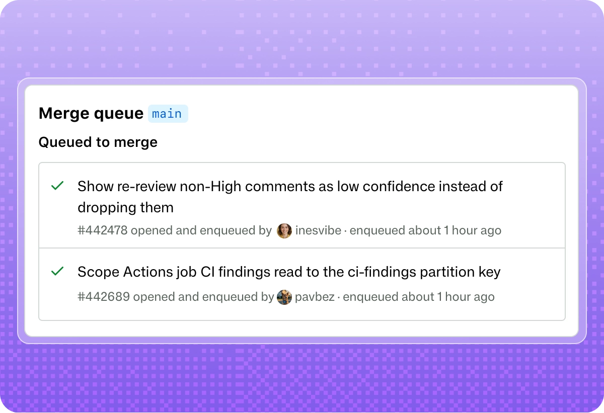 GitHub merge queue showing a merge group deploying to production and two pull requests waiting in the queue.
