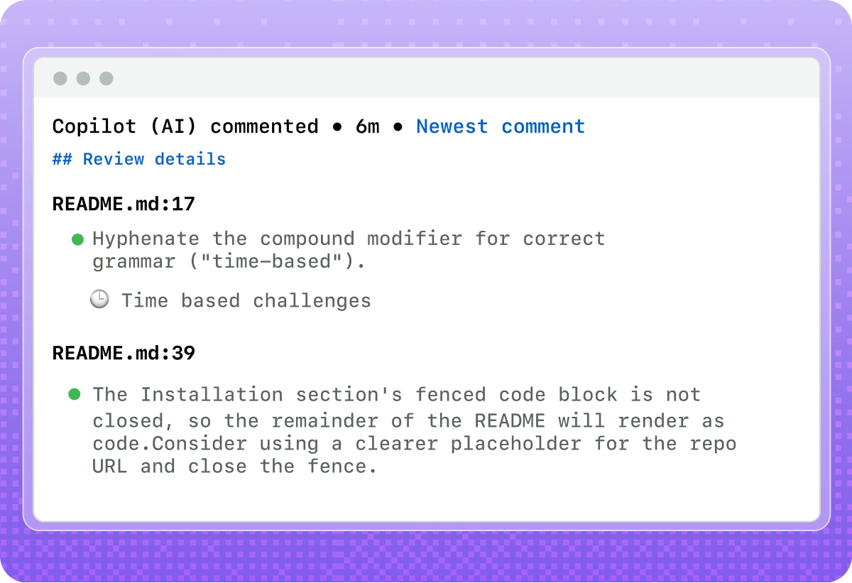 GitHub Copilot CLI review comments identifying grammar and Markdown formatting issues in a README file.