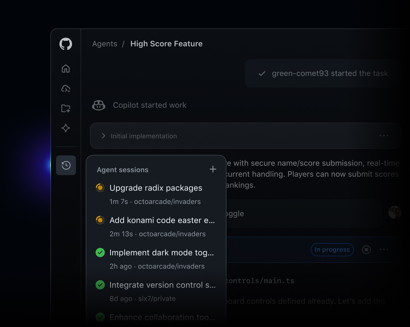 GitHub Copilot task view for a “High Score Feature” showing active and completed tasks, including upgrade and implementation work with timestamps.