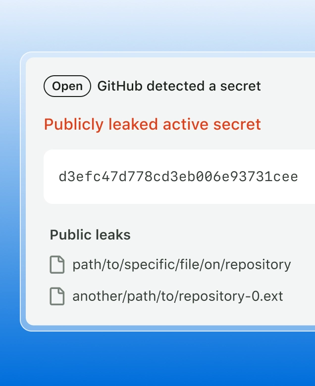 The image shows a notification box with the title "Publicly leaked active secret" in red text, followed by a string of characters and two file paths. It highlights the exposure of sensitive information, specifically an active secret key and its associated file paths.