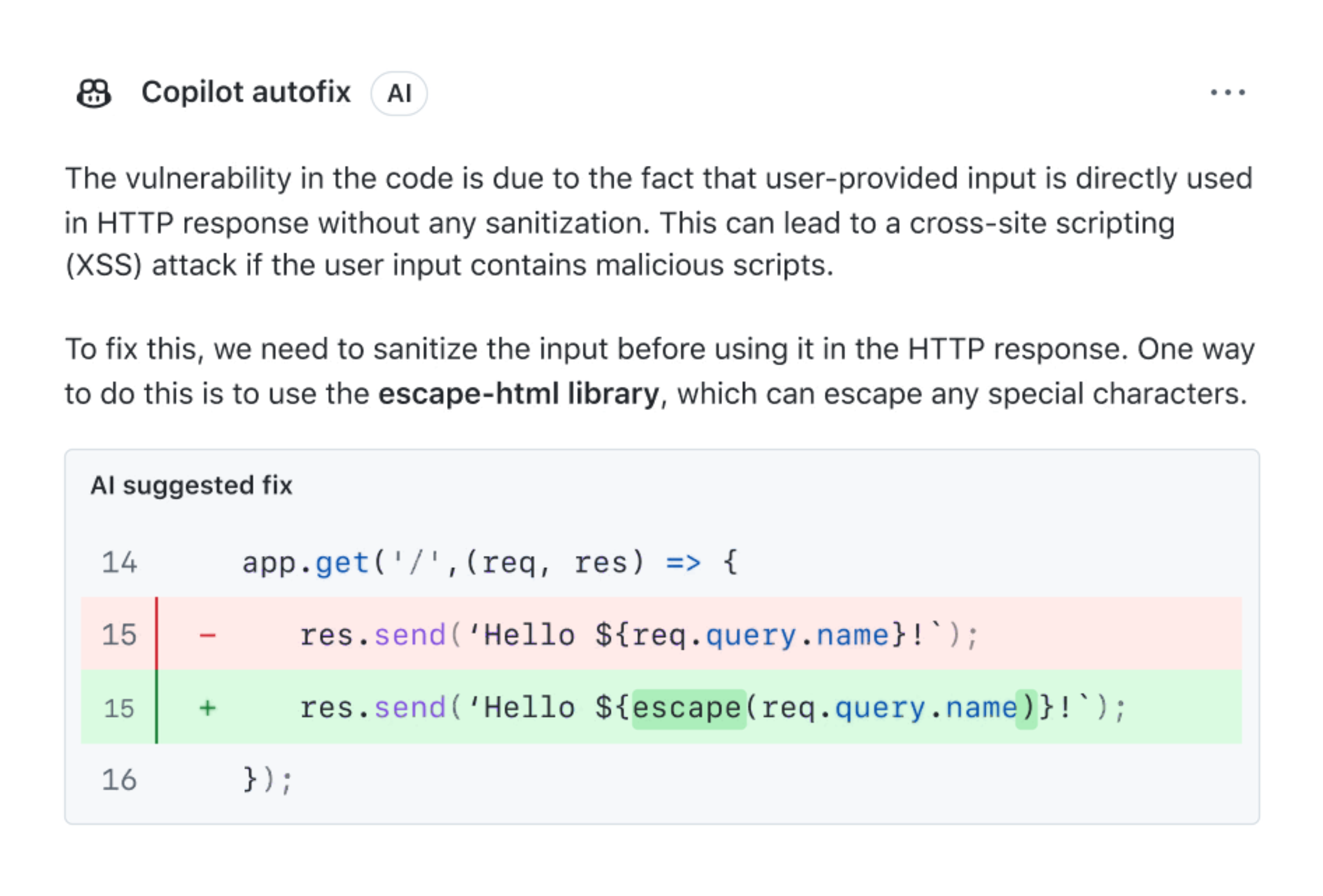 Suggested code change by Copilot Autofix