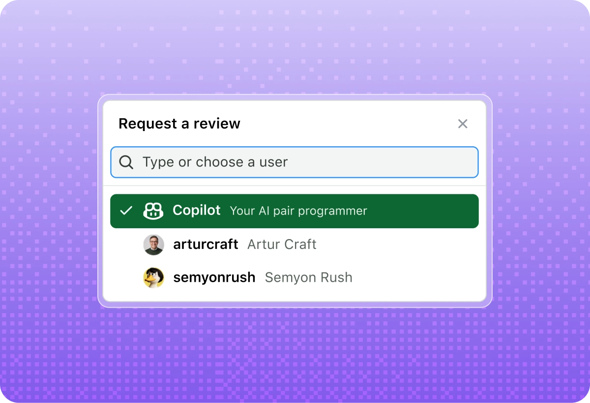 Request-a-review dialog with GitHub Copilot selected as an AI code reviewer.