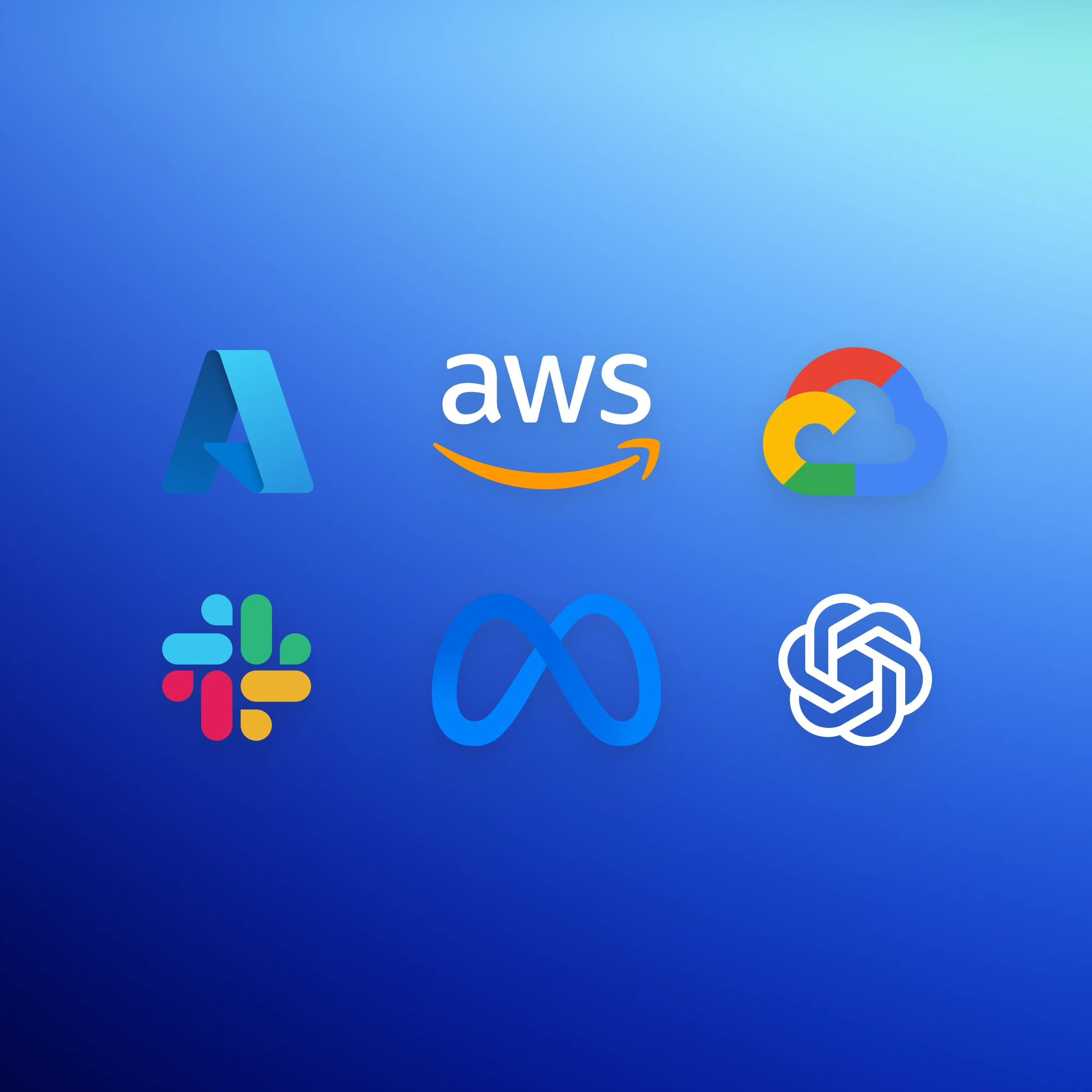 The image features six logos of prominent technology companies arranged in a 2x3 grid on a blue gradient background. The top row includes the logos for Microsoft Azure, Amazon Web Services (AWS), and Google Cloud. The bottom row includes the logos for Slack, Meta (formerly Facebook), and OpenAI.
