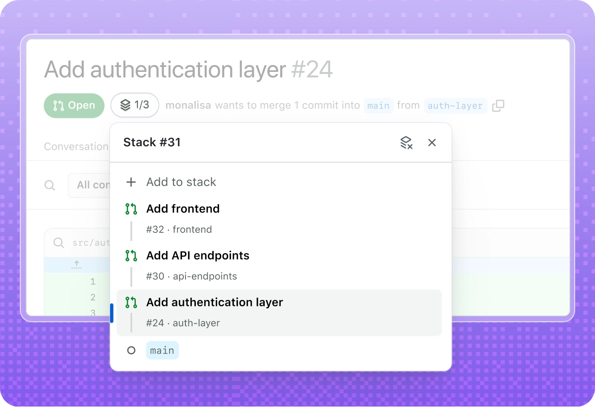 Stacked pull requests in GitHub, showing a chain of dependent changes from main to the current pull request.