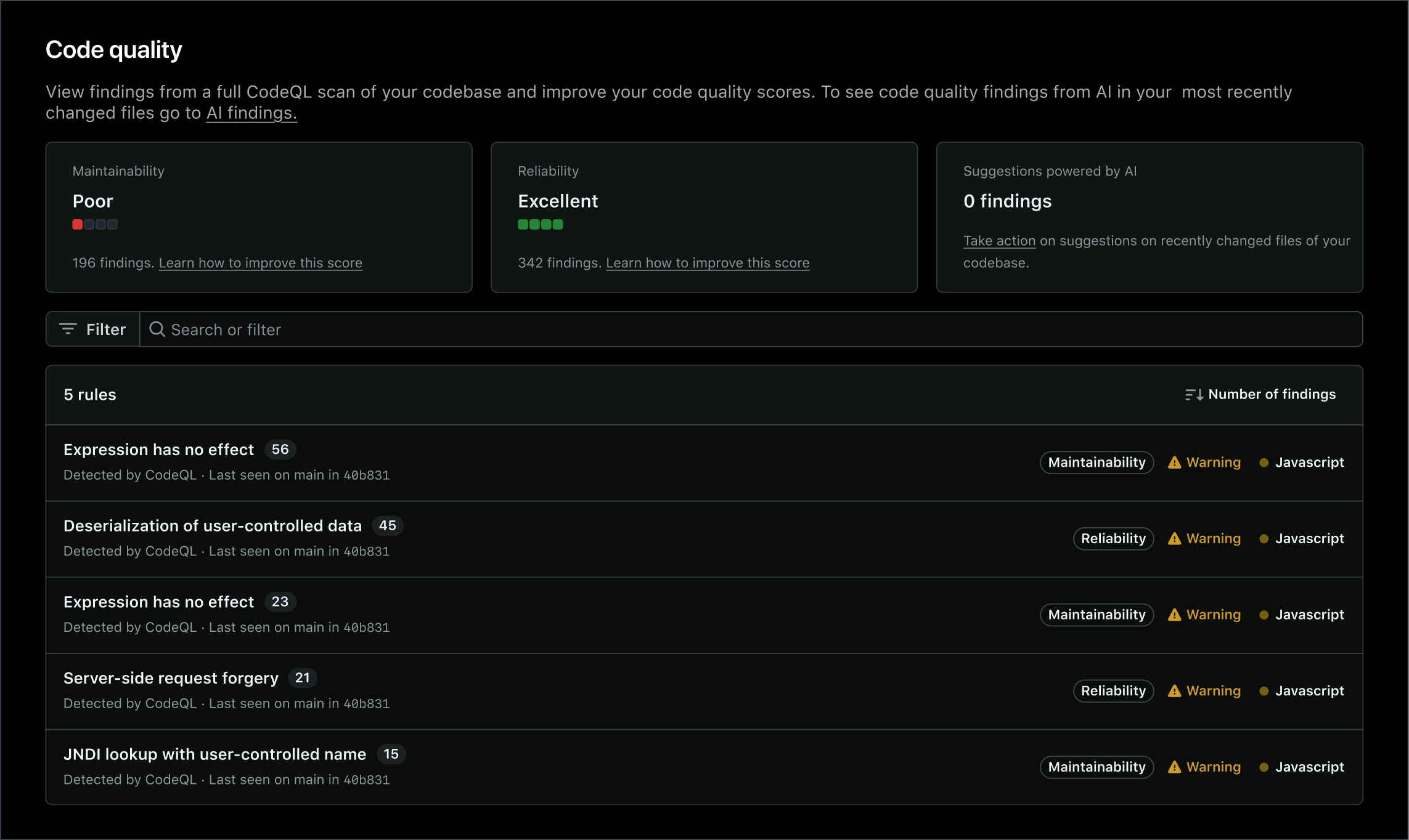 GitHub Code Quality dashboard showing CodeQL findings, maintainability and reliability scores, AI suggestions, and a list of code quality issues with severity and finding counts.