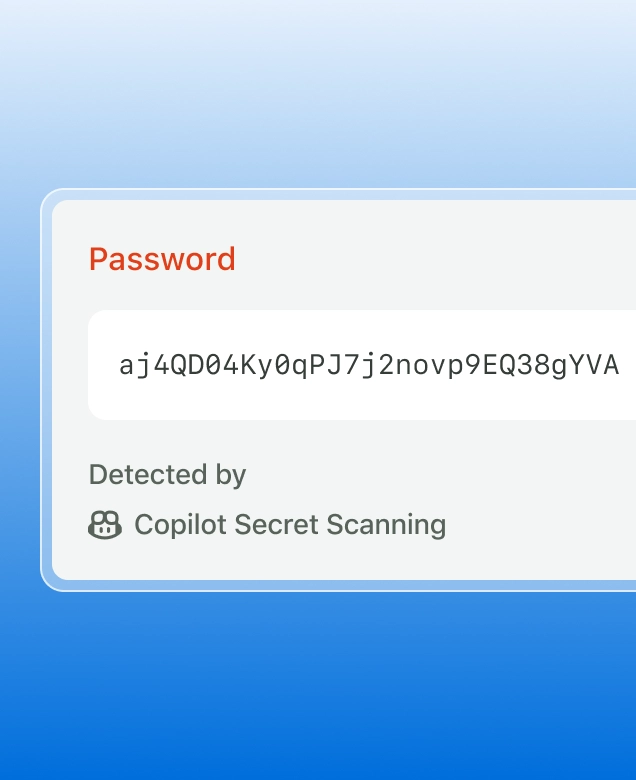 The image shows a notification from GitHub indicating that a secret has been detected. The notification has a blue background and contains the following text: "GitHub detected a secret" in bold, followed by "Password" in red. Below this, there is an alphanumeric string representing the detected secret: "aj4d0B4ky8qPJ7j2nvop9EQ38gYVAy1AM1wlxa1ND5zeRRLZmXk6BbmzZRb". At the bottom, it states "Detected by Copilot Secret Scanning" with an icon of Copilot next to it.