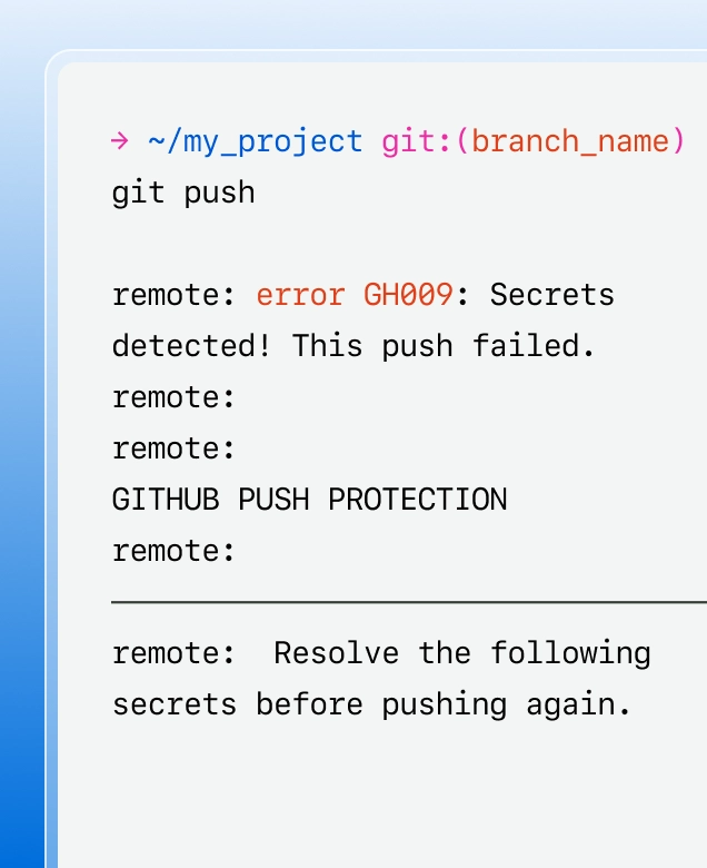 The image shows a terminal window with a command and error message related to GitHub. The command entered is "git push" for the project located at "~/my_project" on the branch "branch_name". The error message displayed is "remote: error GH009: Secrets detected! This push failed." followed by "remote: GITHUB PUSH PROTECTION" and "remote: Resolve the following secrets before pushing again".