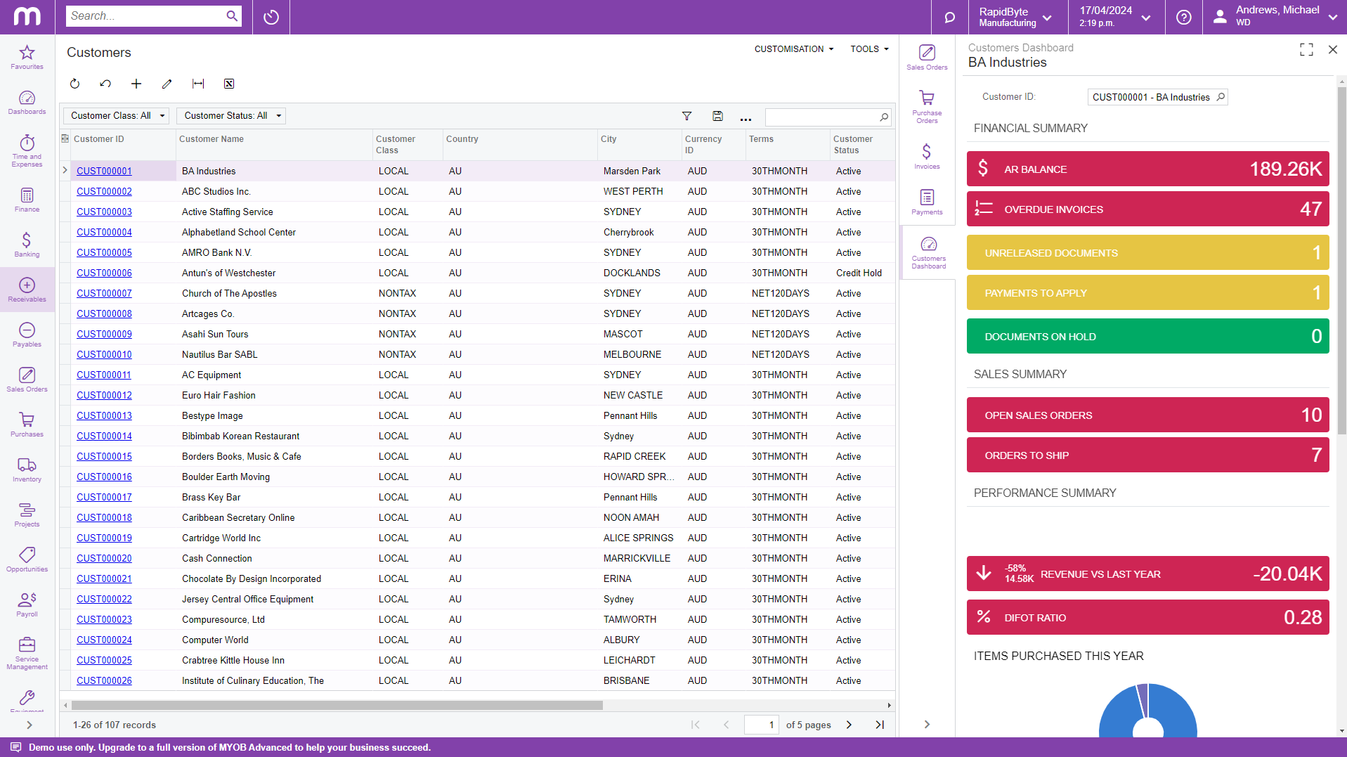 With advanced customer record keeping, you can quickly jump into any customer file and see the status, issues and notes. Your MYOB Acumatica CRM dashboard will give you an overview of leads, sales and finances, anytime, anywhere.