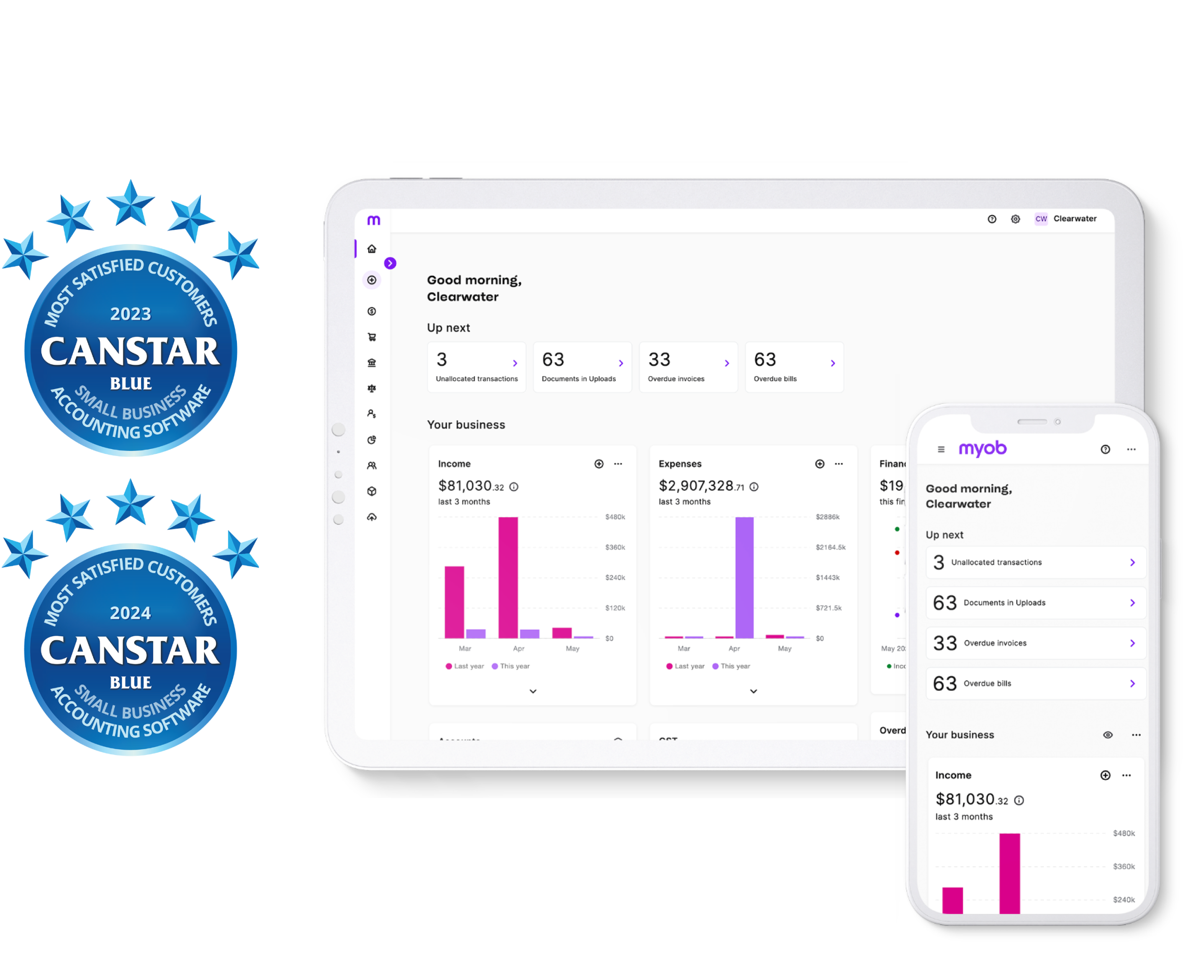 You can view your MYOB Business dashboards, income and expense tracking and invoicing from your desktop and your mobile phone.