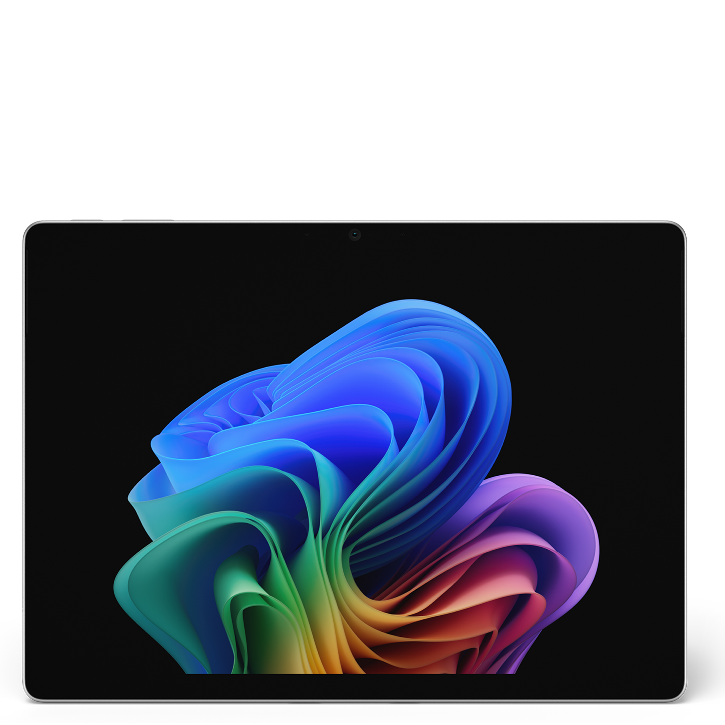 13-inch tablet in violet displaying an abstract design with flowing blue, green, and orange waves on screen.