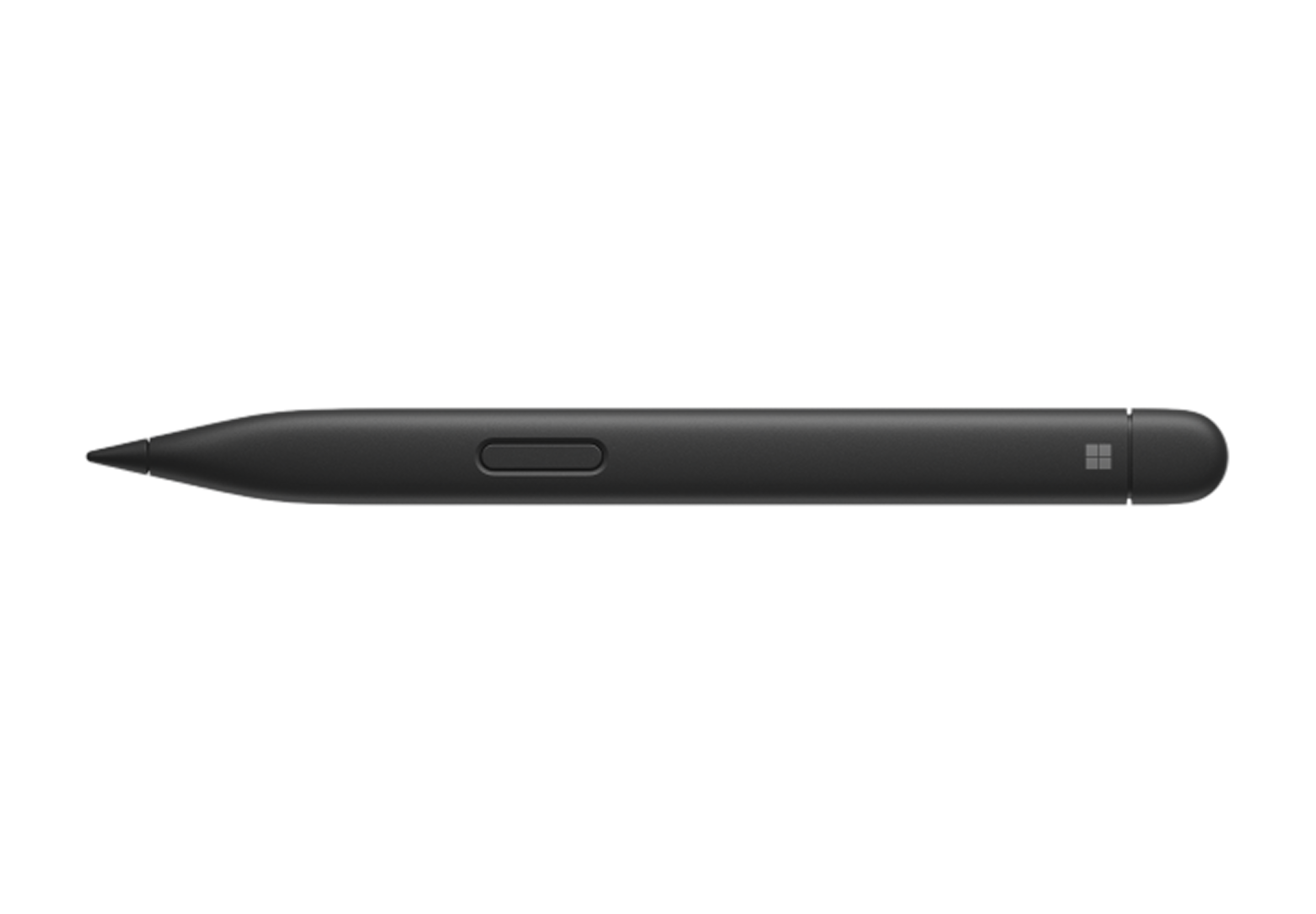 Black stylus pen with a side button, shown horizontally on a light background