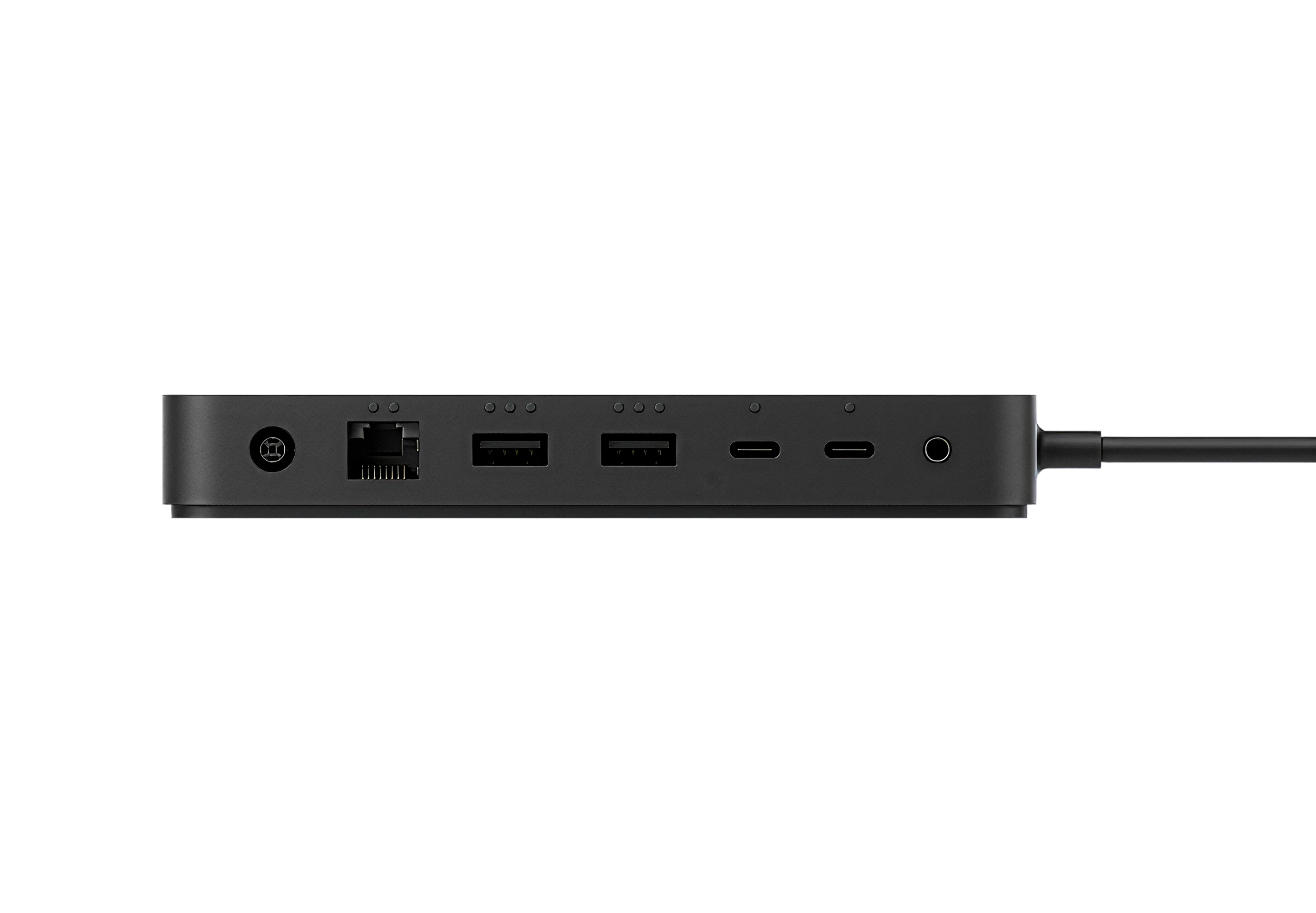 Black docking hub with multiple ports including Ethernet, USB-A, USB-C, and audio, connected by a cable on a light background
