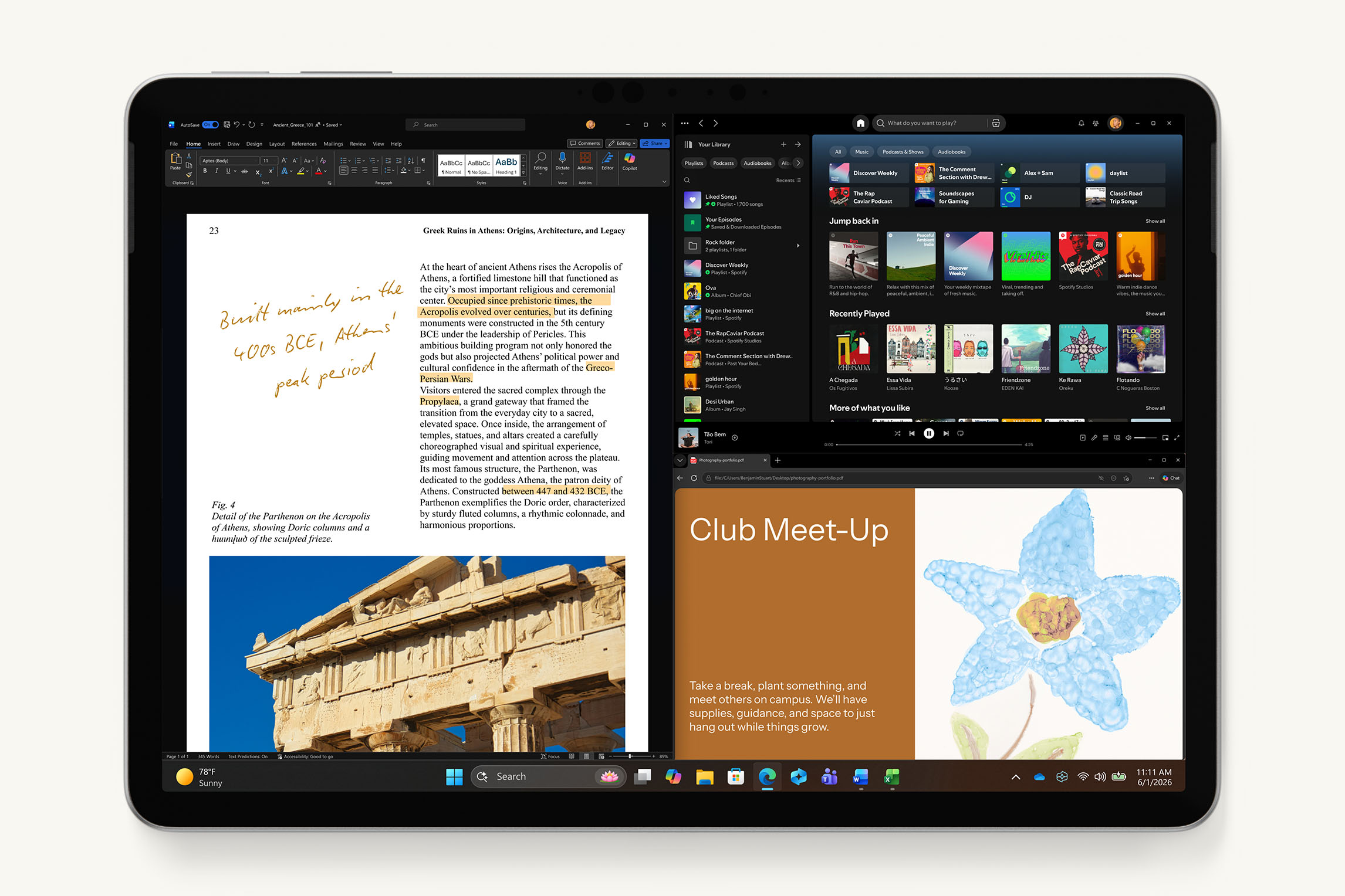 12‑inch Surface Pro in platinum displaying a multitasking layout with a document open in Microsoft Word on the left and music and app windows on the right