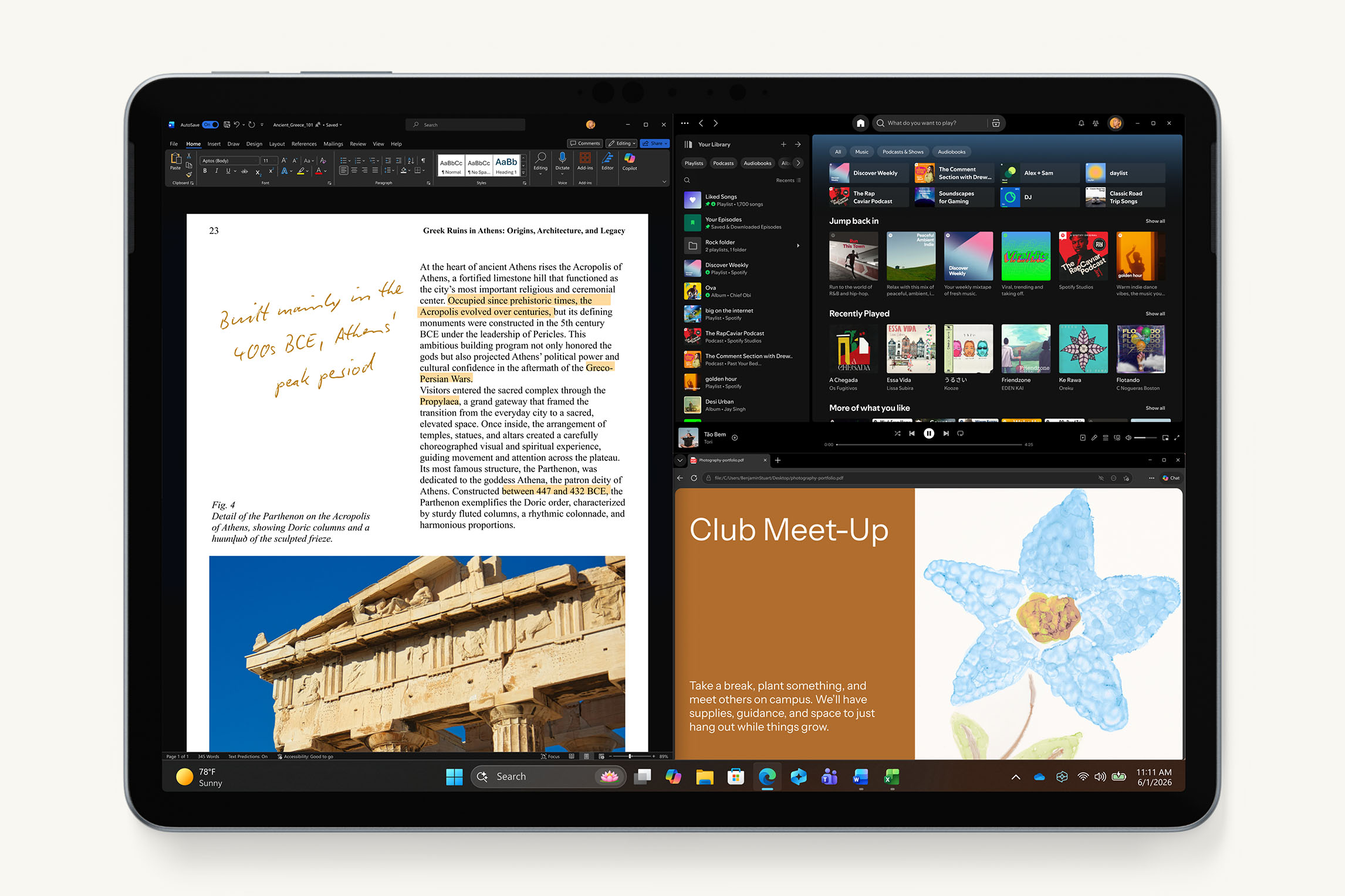 12‑inch Surface Pro tablet in ocean color showing split-screen apps: a document with annotations, a music app interface, and a colorful illustration