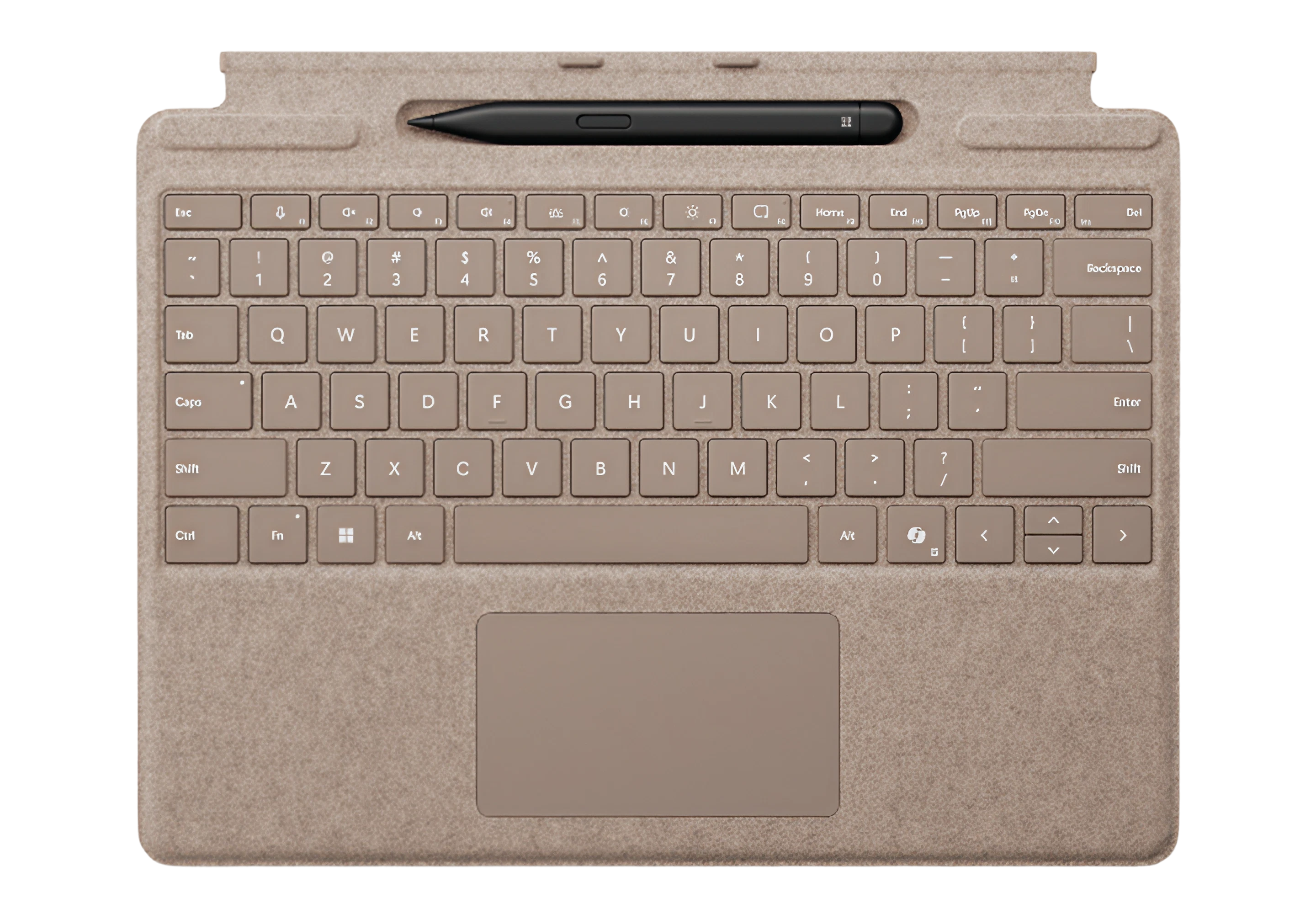 Dune fabric-covered keyboard with a large trackpad and a black stylus stored in a top slot