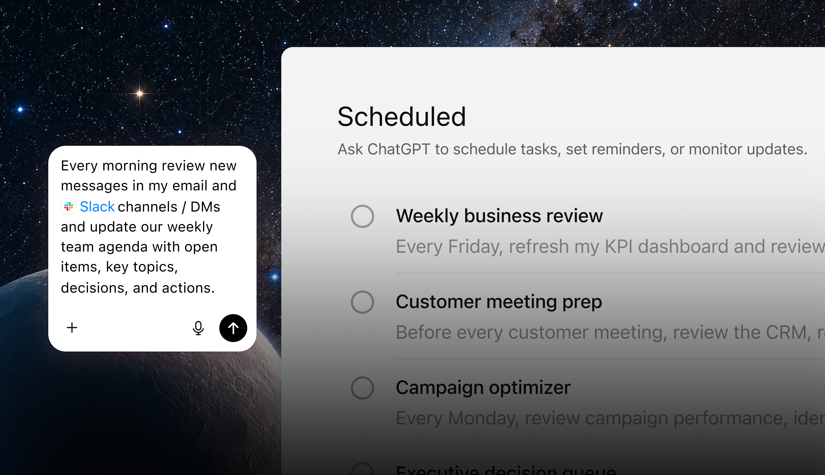 ChatGPT 利用电子邮件与 Slack 中的背景信息,为业务复盘、会议准备及营销活动安排周期性任务。