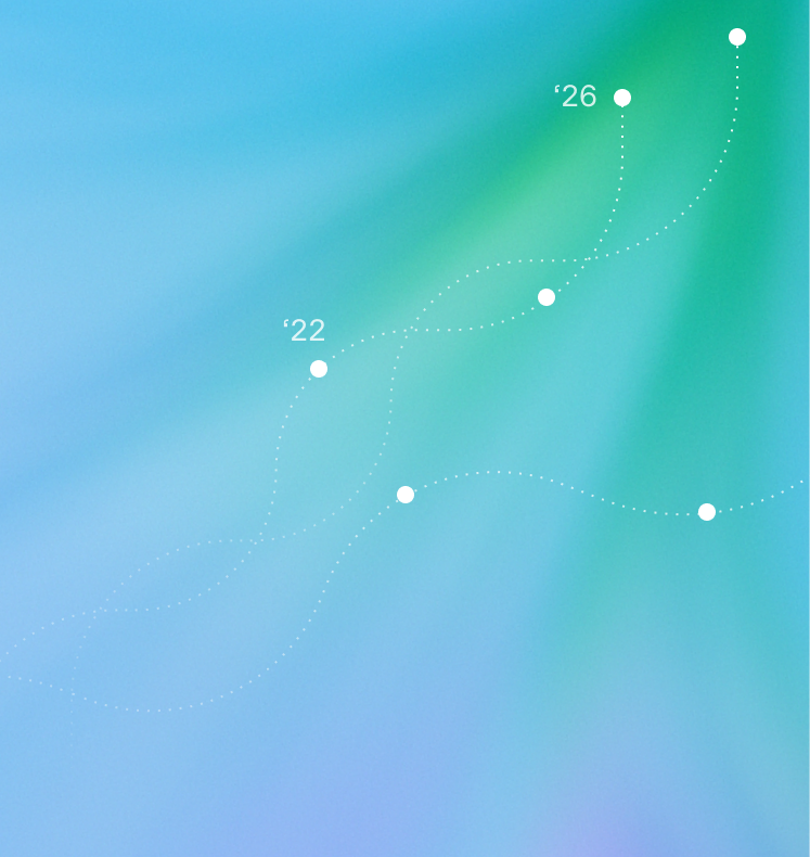 White dots and numbers follow intersecting dotted curves on a blue and green background.