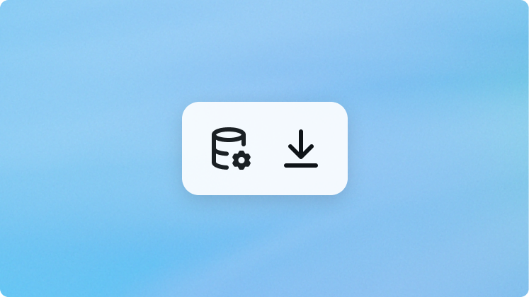 Database settings and download icons on a blue background.