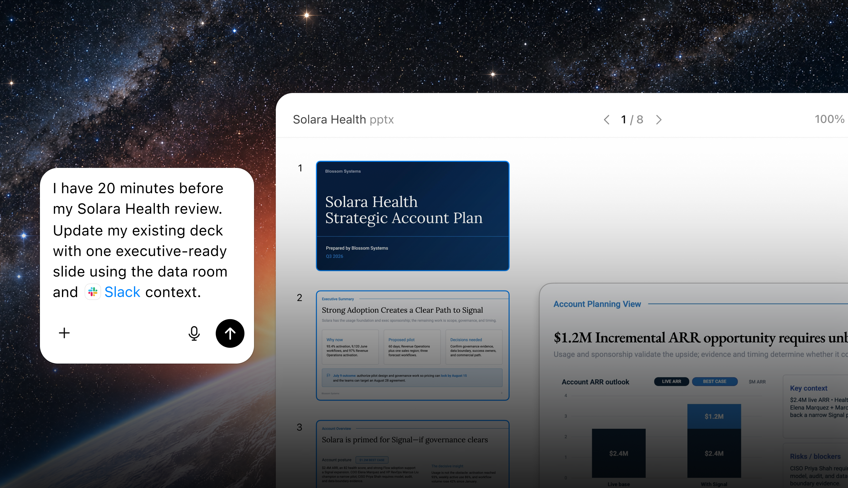ChatGPT 利用资料室 (data room) 与 Slack 中的背景信息,更新一份关于 Solara Health 的战略客户规划演示文稿。