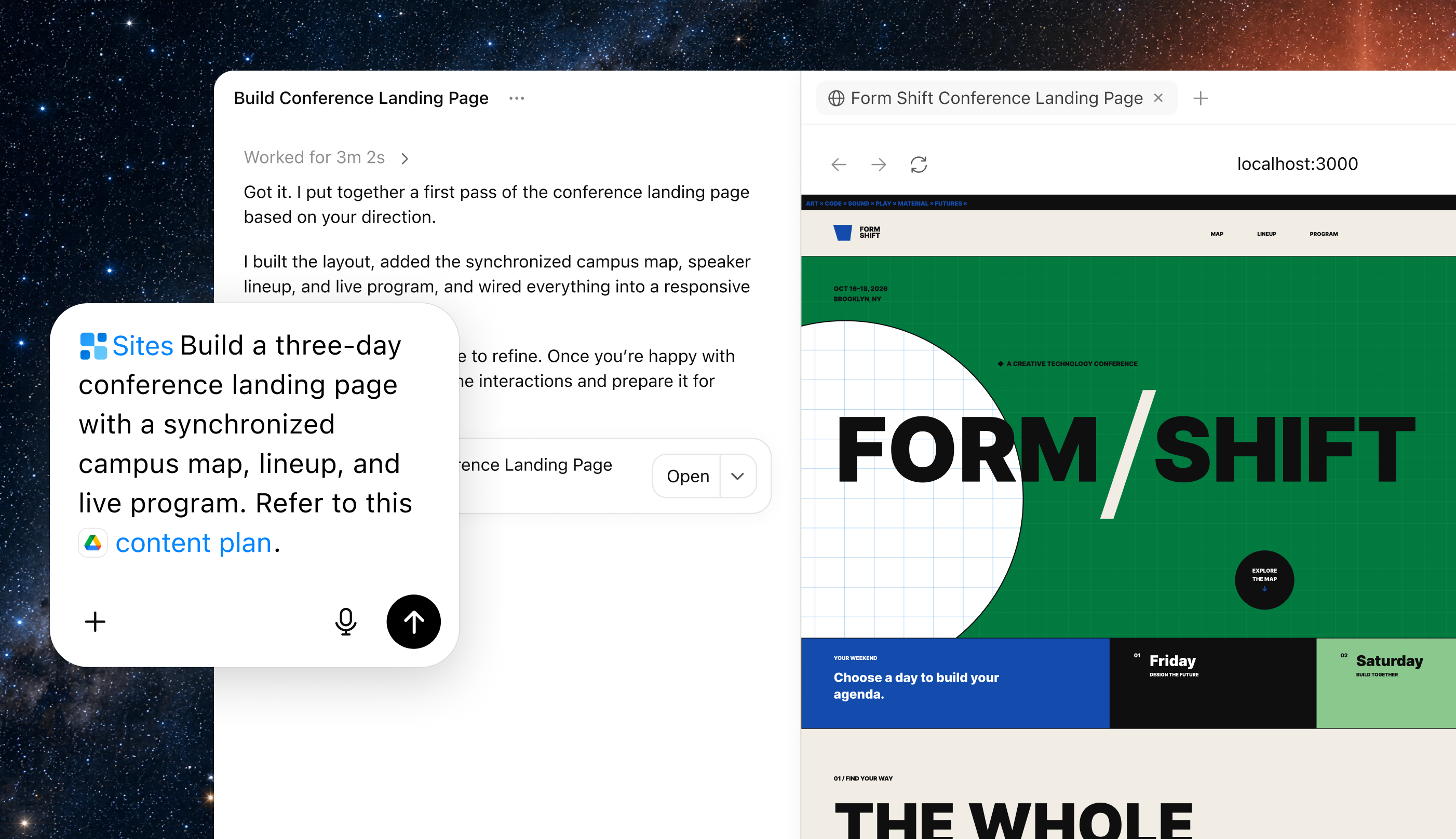 ChatGPT 站点 (Sites) 正在构建 Form/Shift 会议的落地页,旁边附有浏览器实时预览。