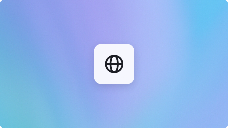 Globe icon in a white square on a blue and purple background.