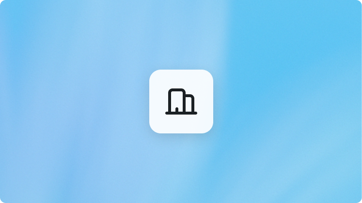 Building icon in a white square on a blue background.
