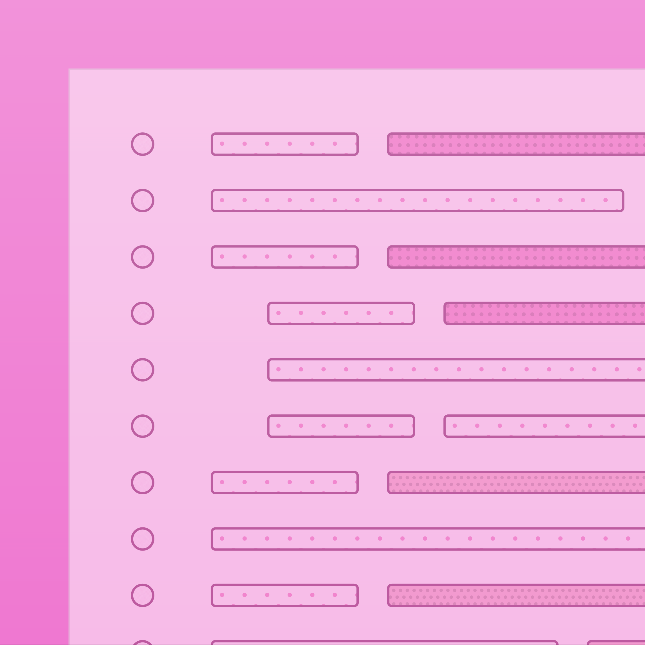 Pink illustration with circular markers and rows of patterned horizontal bars.