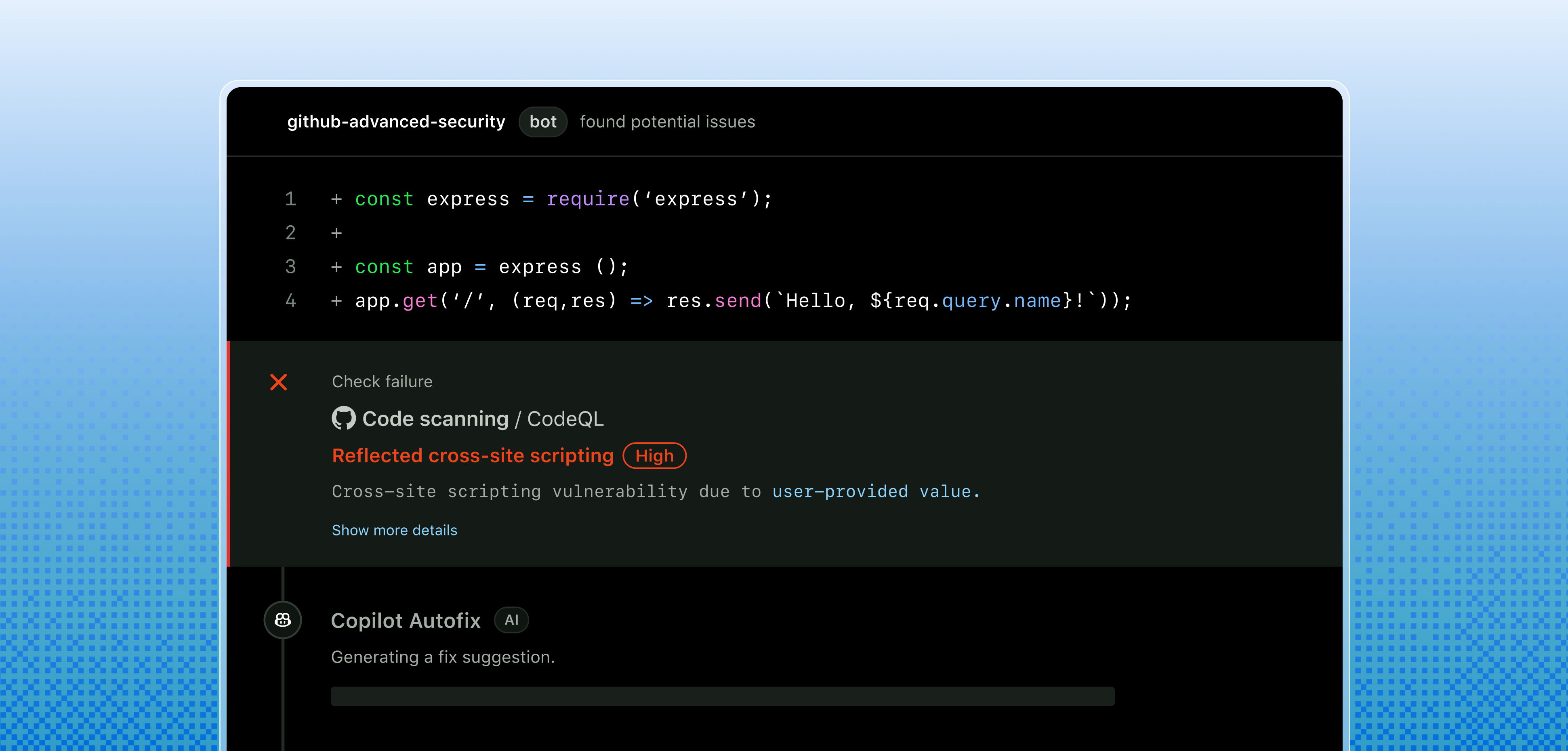 GitHub CodeQL code scanning alert flagging a reflected cross-site scripting vulnerability in an Express.js code diff, with Copilot Autofix generating a fix suggestion.